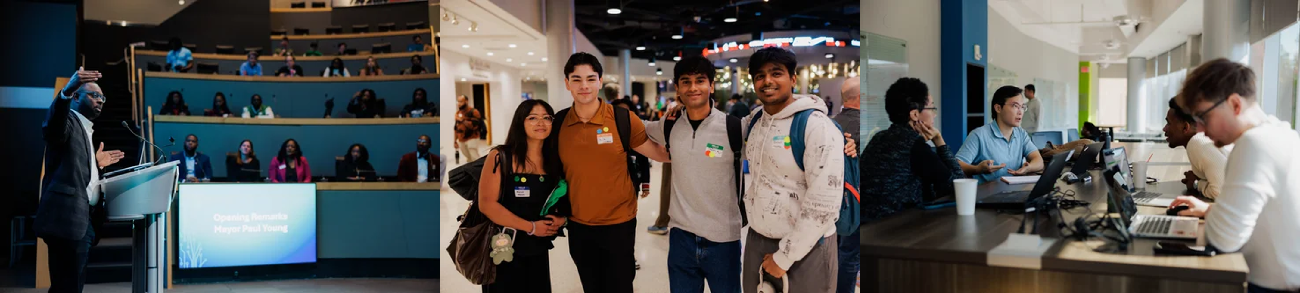 Mayor Young gives opening remarks at Hackathon. Participants meet and work on projects.